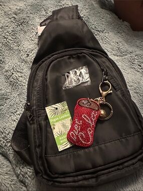 Badgley Mischka Black Crossbody Backpack with Red Beaded Keychain Charm